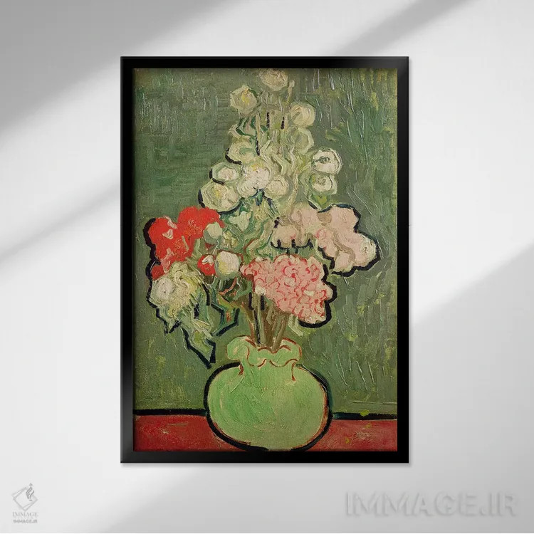 تابلو دستهگل گلها، ۱۸۹۰ اثر ونسان ون گوگ (نقاش مشهور هلندی پستامپرسیونیسم) - نمای قابدار مشکی