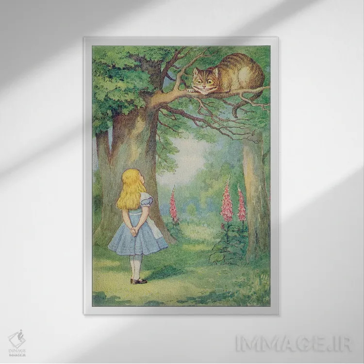 تابلو آلیس و گربه چشایر، تصویرسازی از "آلیس در سرزمین عجایب" نوشتهٔ لوئیس کارول اثر جان تنیل (تصویرگر آلیس در سرزمین عجایب) - نمای قابدار سفید