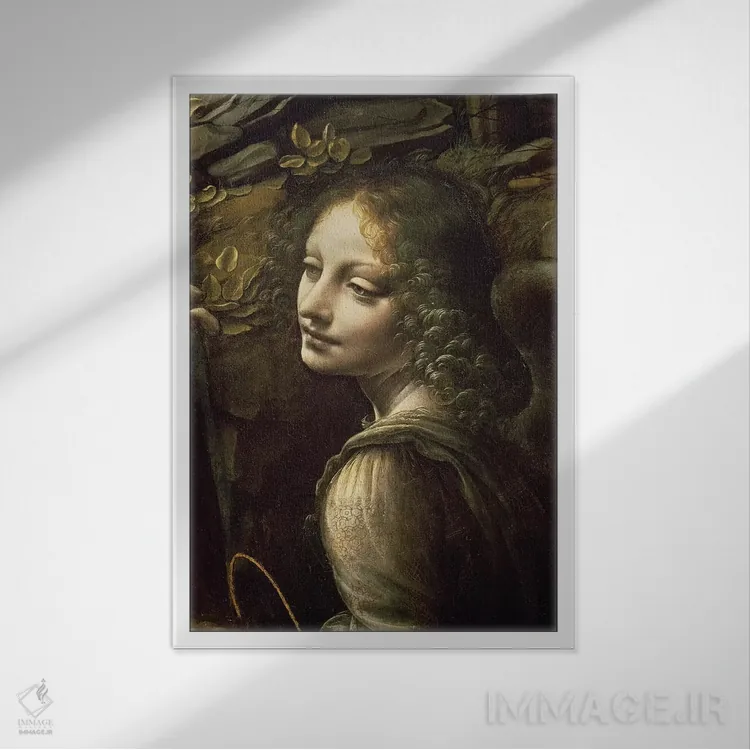 تابلو جزئیات فرشته از "مریم صخرهها" اثر لئوناردو داوینچی (نقاش و مخترع ایتالیایی) - نمای قابدار سفید