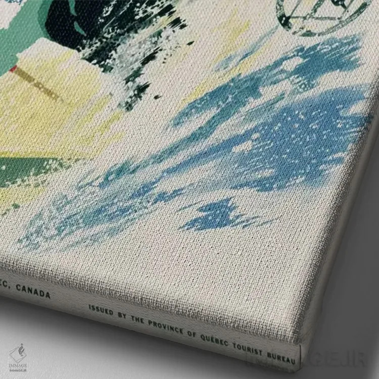 تابلو پوستر تبلیغاتی تعطیلات اسکی در استان کبک، حدود ۱۹۳۸ اثر مکتب کانادایی (سبک یا گروه هنرمندان کانادایی) - نمای نزدیک بافت بوم