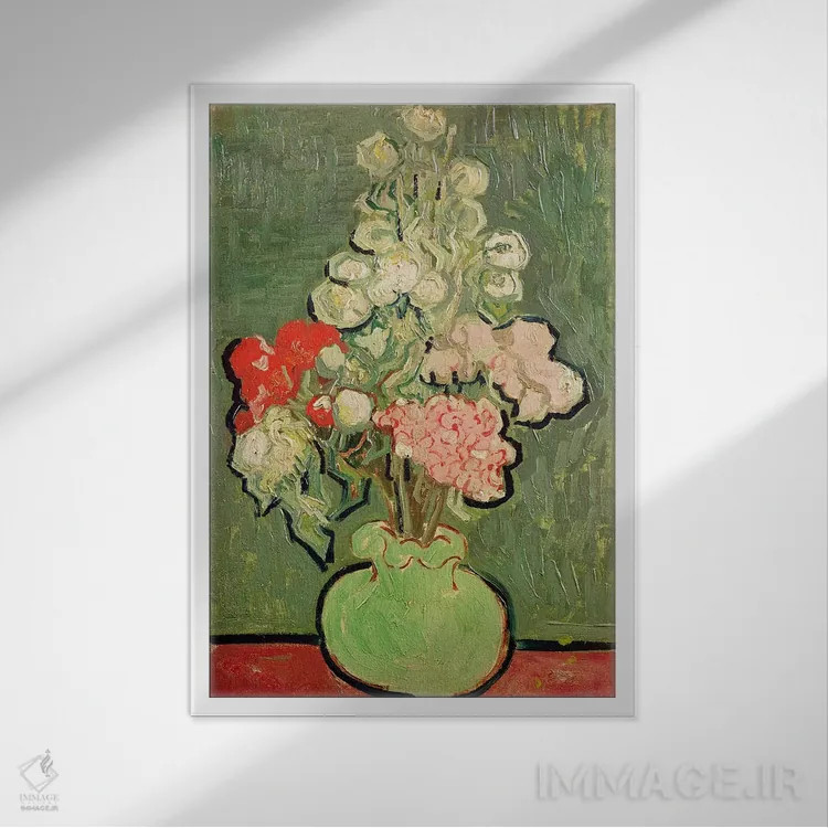 تابلو دستهگل گلها، ۱۸۹۰ اثر ونسان ون گوگ (نقاش مشهور هلندی پستامپرسیونیسم) - نمای قابدار سفید