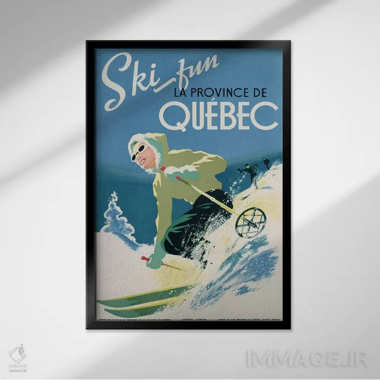 تابلو پوستر تبلیغاتی تعطیلات اسکی در استان کبک، حدود ۱۹۳۸ اثر مکتب کانادایی (سبک یا گروه هنرمندان کانادایی) - نمای قابدار مشکی
