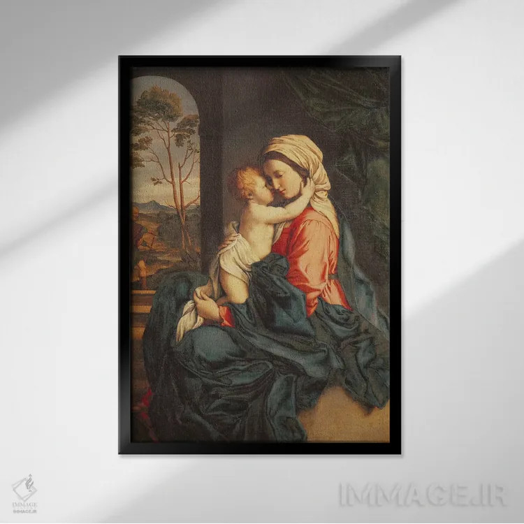 تابلو مریم مقدس و کودک در آغوش هم اثر ایل ساسوفِراتو - نمای قابدار مشکی