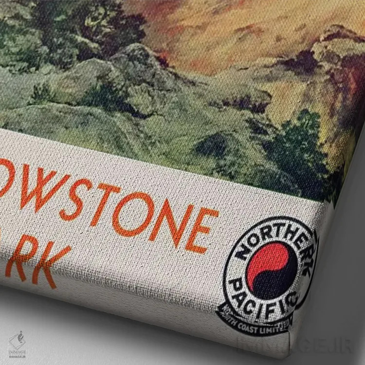 تابلو پارک یلوستون، ۱۹۳۴ (آمریکا) اثر توماس موران (نقاش منظره آمریکایی) - نمای نزدیک بافت بوم