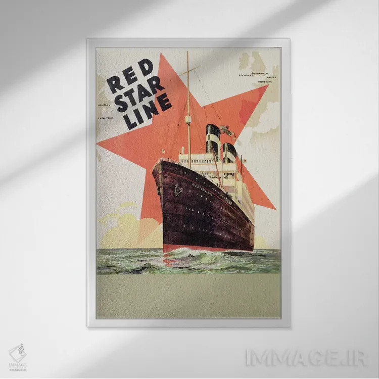 تابلو پوستر تبلیغاتی شرکت رد استار لاین (حمل و نقل)، چاپ ال. گادیو، آنتورپ، حدود ۱۹۳۰ اثر مکتب بلژیک (گروه/سبک نقاشان بلژیکی) - نمای قابدار سفید