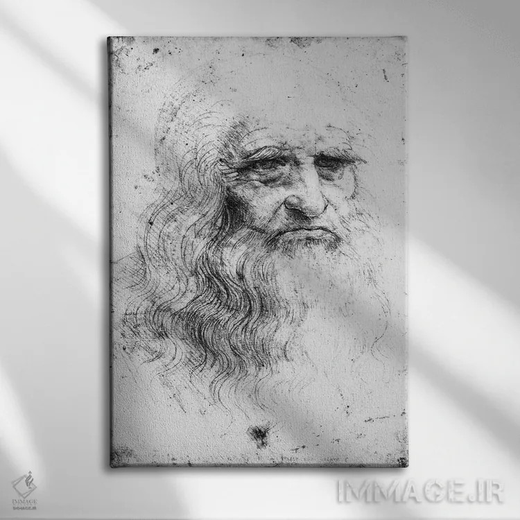 تابلو چاپ سنگی، خودنگاره، حدود ۱۵۱۵-۱۶ (موزه سلطنتی تورین) اثر لئوناردو داوینچی (نقاش و مخترع ایتالیایی) - نمای روبهرو روی دیوار
