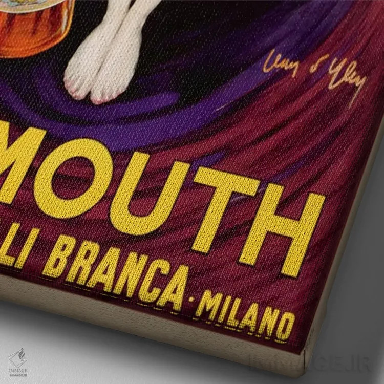 تابلو پوستر تبلیغاتی ورموت "فراتلی برانکا"، ۱۹۲۲ (نوشیدنی ایتالیایی) اثر ژان دیلن - نمای نزدیک بافت بوم