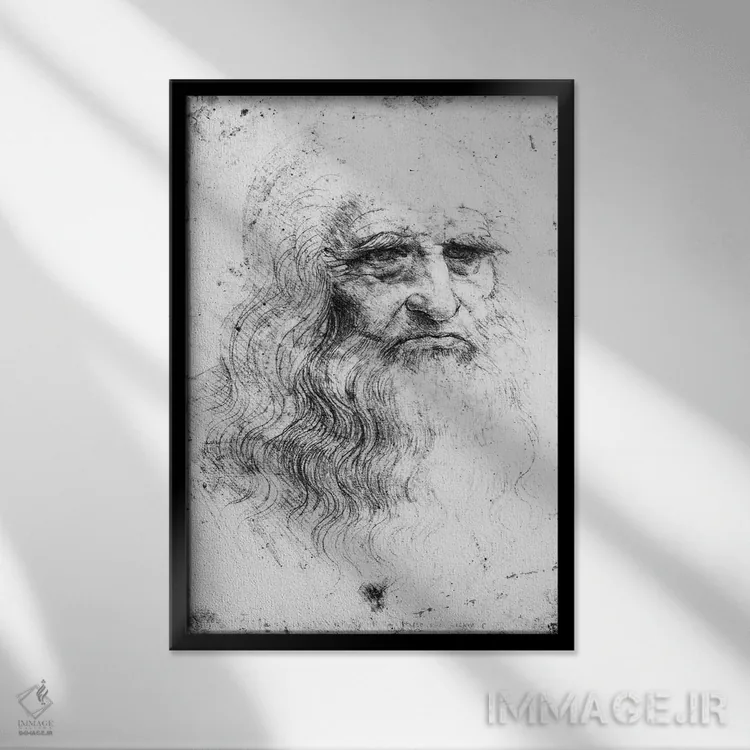 تابلو چاپ سنگی، خودنگاره، حدود ۱۵۱۵-۱۶ (موزه سلطنتی تورین) اثر لئوناردو داوینچی (نقاش و مخترع ایتالیایی) - نمای قابدار مشکی