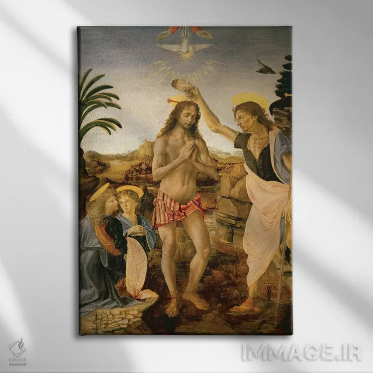 تابلو غسل تعمید حضرت مسیح به دست یحیی تعمیددهنده، حدود ۱۴۷۵ اثر آندریا دل وروکّیو (مجسمهساز و نقاش ایتالیایی) - نمای روبهرو روی دیوار