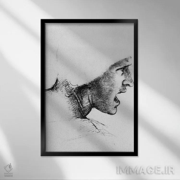 تابلو مطالعه برای سر یک سرباز در "نبرد آنگیاری"، حدود ۱۵۰۴-۰۵ اثر لئوناردو داوینچی (نقاش و مخترع ایتالیایی) - نمای قابدار مشکی