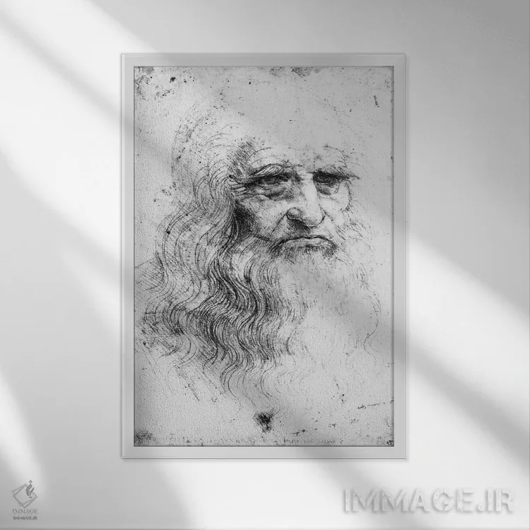 تابلو چاپ سنگی، خودنگاره، حدود ۱۵۱۵-۱۶ (موزه سلطنتی تورین) اثر لئوناردو داوینچی (نقاش و مخترع ایتالیایی) - نمای قابدار سفید
