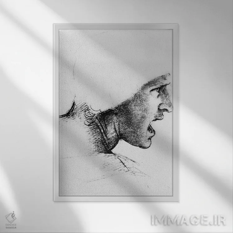 تابلو مطالعه برای سر یک سرباز در "نبرد آنگیاری"، حدود ۱۵۰۴-۰۵ اثر لئوناردو داوینچی (نقاش و مخترع ایتالیایی) - نمای قابدار سفید
