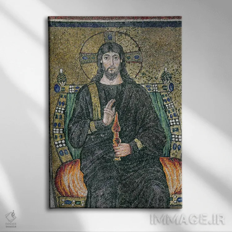 تابلو مسیح بر تخت با فرشتگان اثر مکتب بیزانتی (سبک هنری بیزانسی) - نمای روبهرو روی دیوار