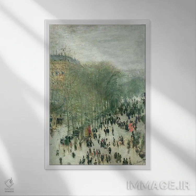تابلو بولوار کاپوچینها، ۱۸۷۳-۴ (پاریس) اثر کلود مونه (نقاش معروف فرانسوی) - نمای قابدار سفید
