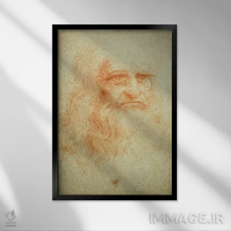 تابلو خودنگاره، حدود ۱۵۱۵-۱۶ (موزه سلطنتی تورین) اثر لئوناردو داوینچی (نقاش و مخترع ایتالیایی) - نمای قابدار مشکی