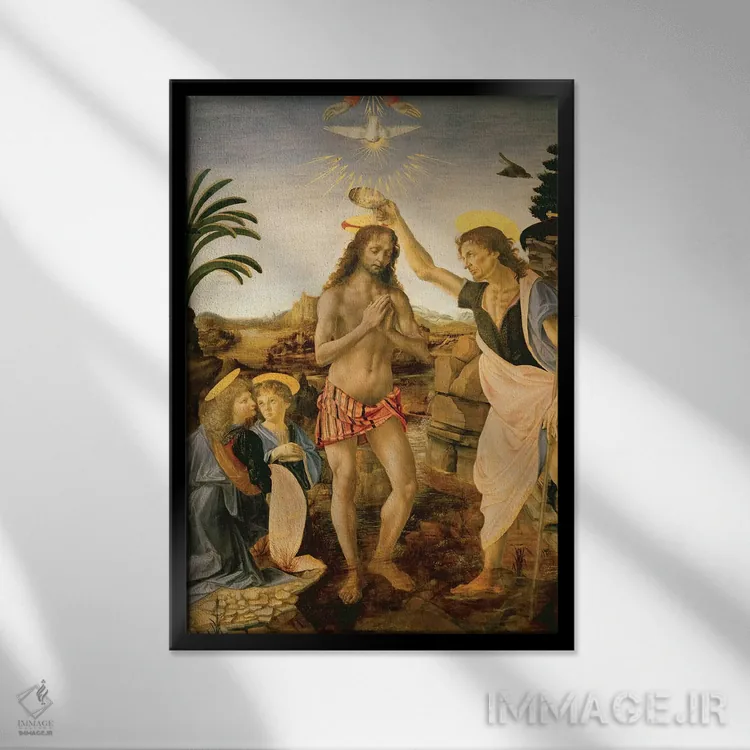 تابلو غسل تعمید حضرت مسیح به دست یحیی تعمیددهنده، حدود ۱۴۷۵ اثر آندریا دل وروکّیو (مجسمهساز و نقاش ایتالیایی) - نمای قابدار مشکی