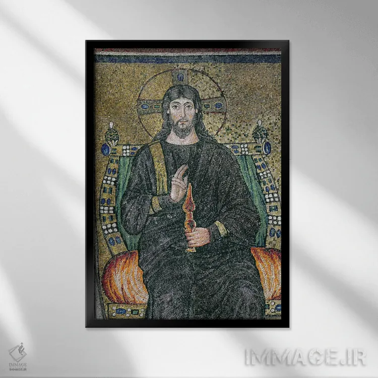 تابلو مسیح بر تخت با فرشتگان اثر مکتب بیزانتی (سبک هنری بیزانسی) - نمای قابدار مشکی