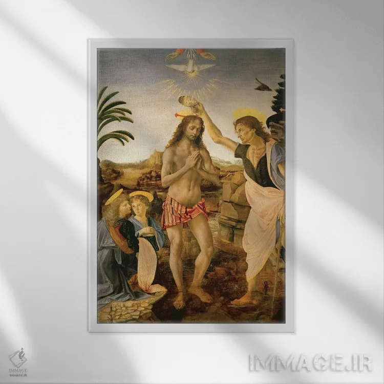 تابلو غسل تعمید حضرت مسیح به دست یحیی تعمیددهنده، حدود ۱۴۷۵ اثر آندریا دل وروکّیو (مجسمهساز و نقاش ایتالیایی) - نمای قابدار سفید