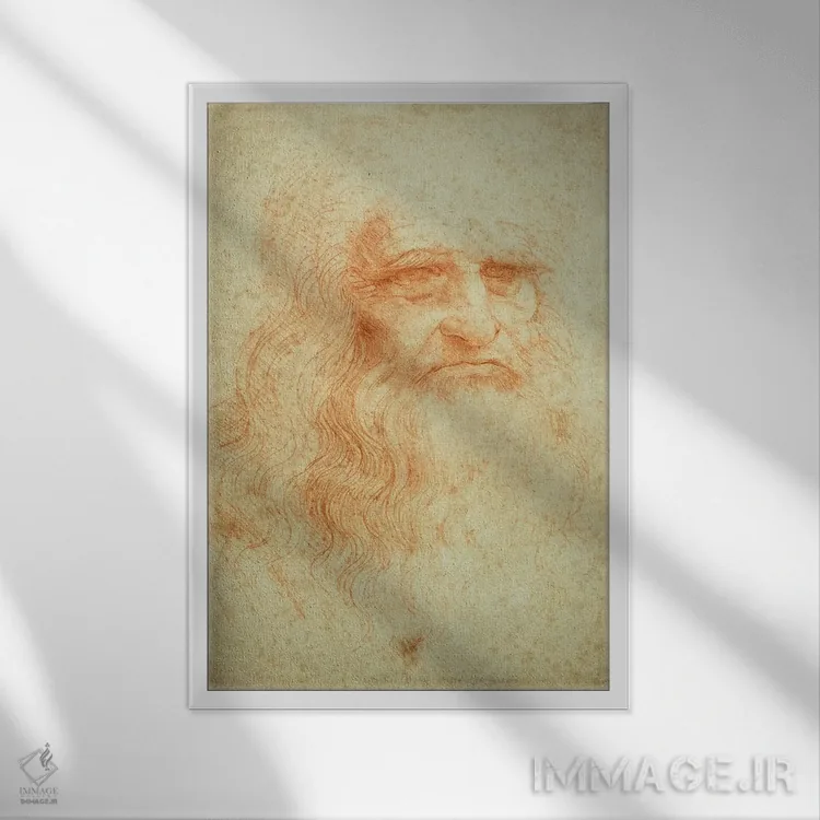 تابلو خودنگاره، حدود ۱۵۱۵-۱۶ (موزه سلطنتی تورین) اثر لئوناردو داوینچی (نقاش و مخترع ایتالیایی) - نمای قابدار سفید