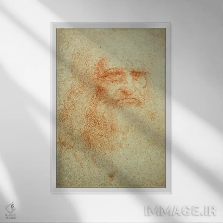 تابلو خودنگاره، حدود ۱۵۱۵-۱۶ (موزه سلطنتی تورین) اثر لئوناردو داوینچی (نقاش و مخترع ایتالیایی) - نمای قابدار سفید