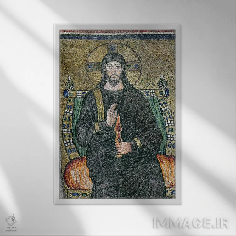تابلو مسیح بر تخت با فرشتگان اثر مکتب بیزانتی (سبک هنری بیزانسی) - نمای قابدار سفید
