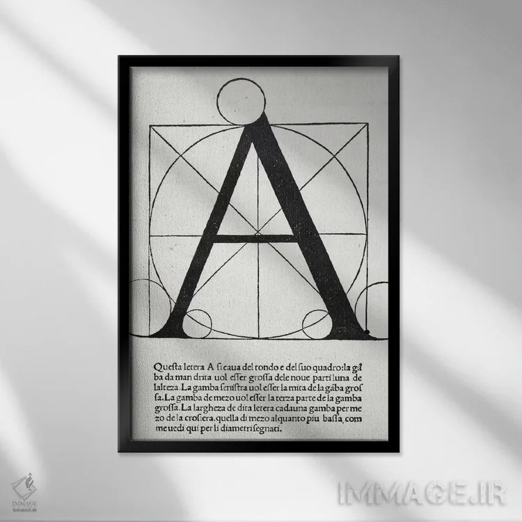تابلو حرف A (حروف الفبا) اثر لئوناردو داوینچی (نقاش و مخترع ایتالیایی) - نمای قابدار مشکی