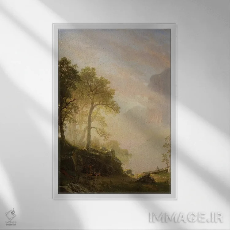 تابلو 1868,رود مرسد در یوسمیتی، ۱۸۶۸ اثر آلبرت بیرشتات (نقاش منظره آمریکایی) - نمای قابدار سفید