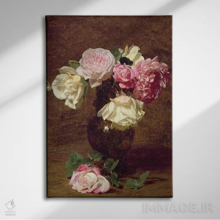 تابلو رزهای صورتی و سفید اثر اگناس آنری ژان تئودور فانتن-لاتور - نمای روبهرو روی دیوار