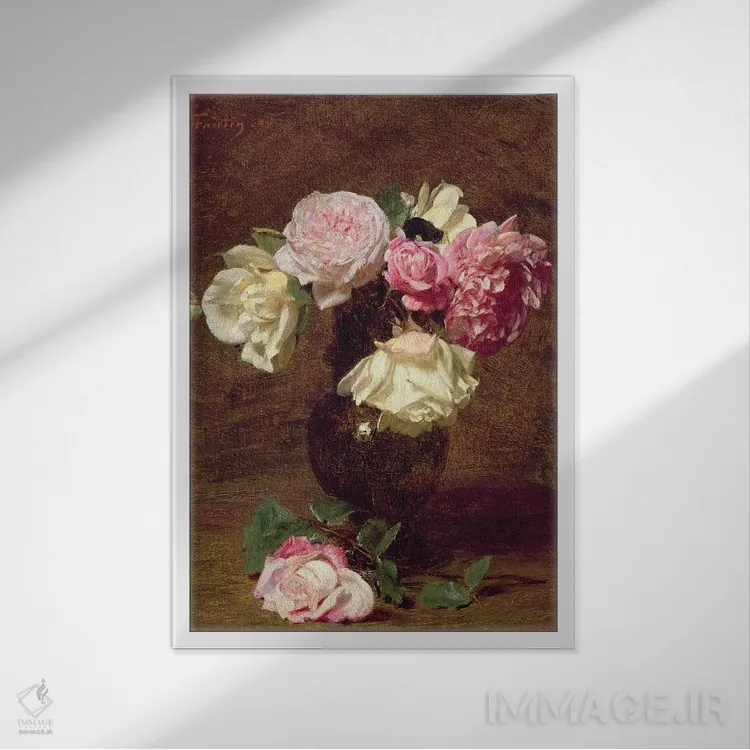 تابلو رزهای صورتی و سفید اثر اگناس آنری ژان تئودور فانتن-لاتور - نمای قابدار سفید