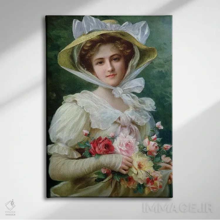 تابلو بانوی شیکپوش با دستهگل رز اثر امیل ورنون (نقاش فرانسوی) - نمای روبهرو روی دیوار