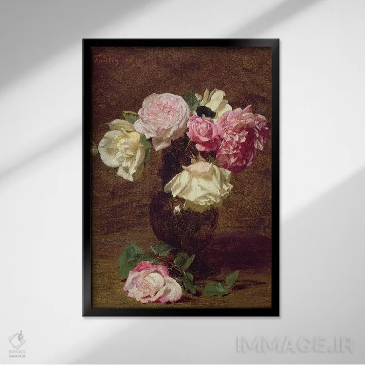 تابلو رزهای صورتی و سفید اثر اگناس آنری ژان تئودور فانتن-لاتور - نمای قابدار مشکی
