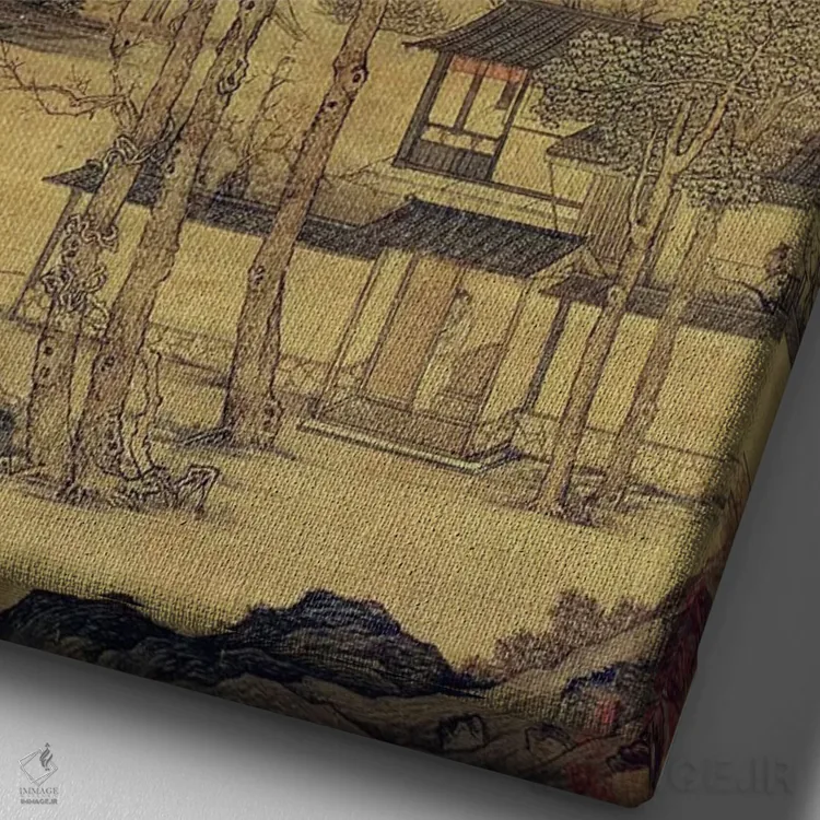 تابلو صحنههایی از روزهای بلند عُزلتنشینان در کوههای ساکت اثر تانگ یین (نقاش چینی معروف سلسله مینگ) - نمای نزدیک بافت بوم