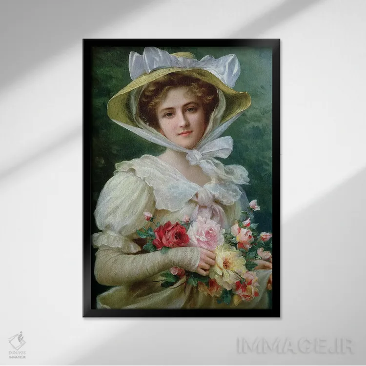 تابلو بانوی شیکپوش با دستهگل رز اثر امیل ورنون (نقاش فرانسوی) - نمای قابدار مشکی