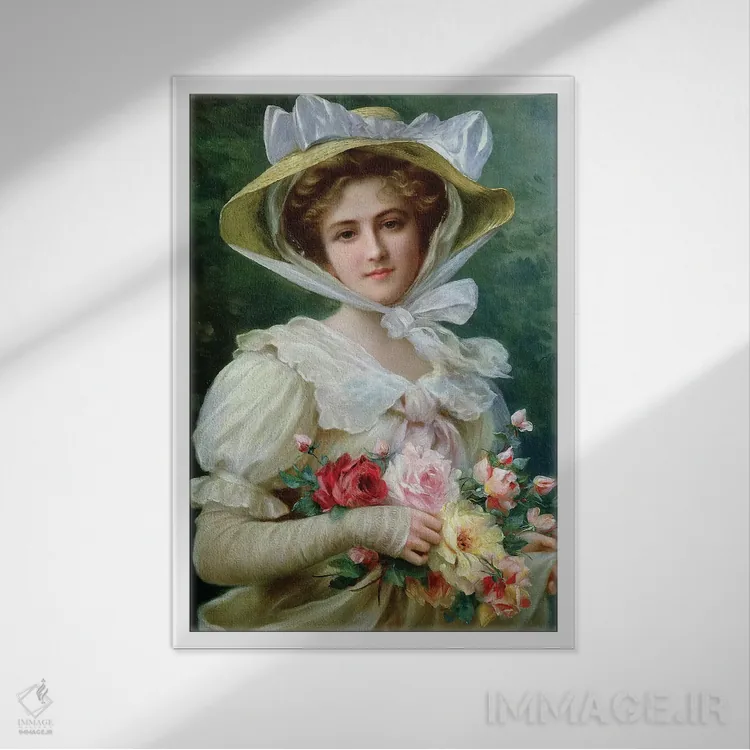 تابلو بانوی شیکپوش با دستهگل رز اثر امیل ورنون (نقاش فرانسوی) - نمای قابدار سفید