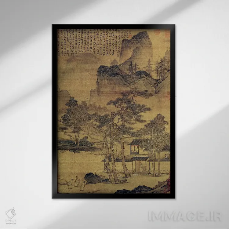 تابلو صحنههایی از روزهای بلند عُزلتنشینان در کوههای ساکت اثر تانگ یین (نقاش چینی معروف سلسله مینگ) - نمای قابدار مشکی