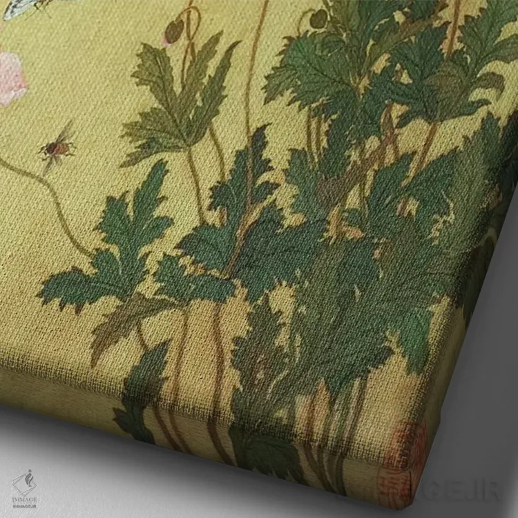 تابلو شقایقها، پروانهها و زنبورها اثر ما یوآنیو (نقاش چینی) - نمای نزدیک بافت بوم