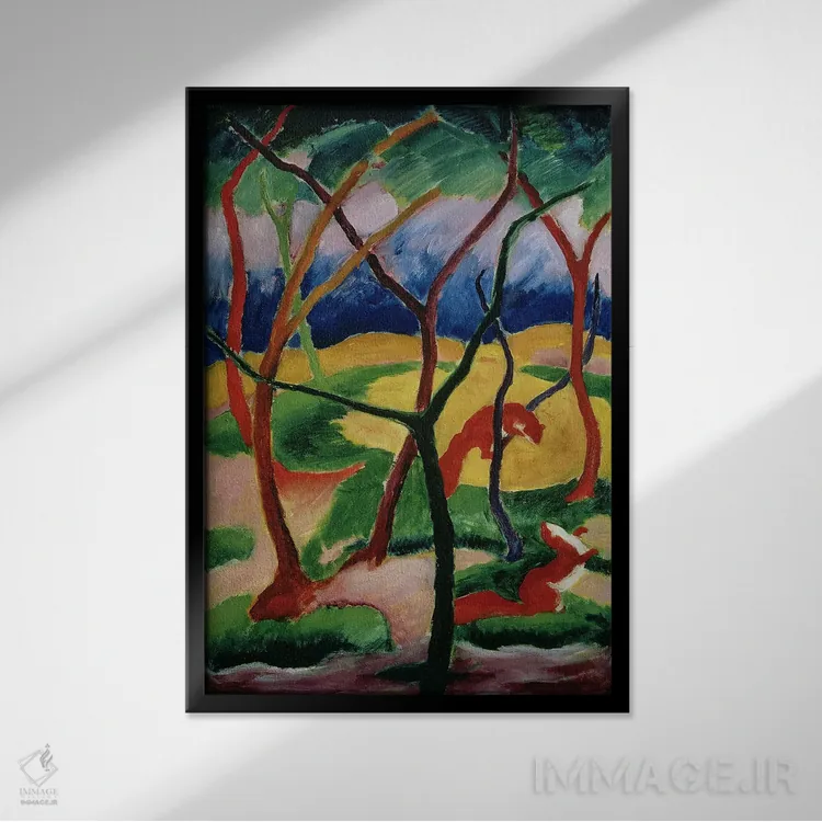 تابلو بازی راسوها، ۱۹۱۱ اثر فرانتس مارک (نقاش اکسپرسیونیست آلمانی) - نمای قابدار مشکی