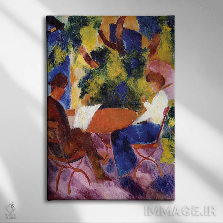 تابلو بر سر میز باغ، ۱۹۱۴ اثر آگوست ماکه (نقاش اکسپرسیونیست آلمانی) - نمای روبهرو روی دیوار