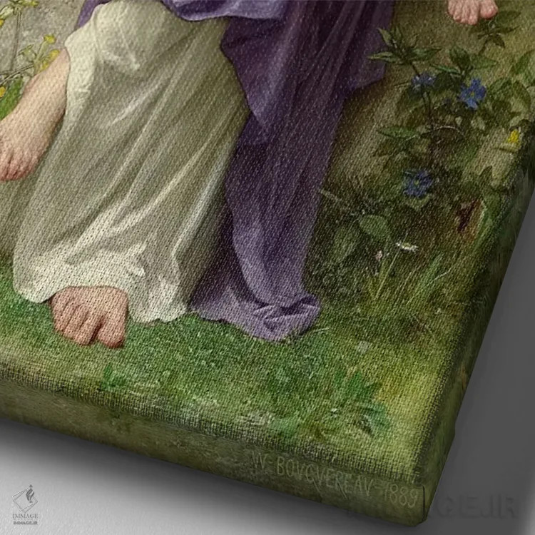 تابلو آوازهای بهاری، ۱۸۸۹ اثر ویلیام-آدولف بوگرئو (نقاش آکادمیک فرانسوی) - نمای نزدیک بافت بوم