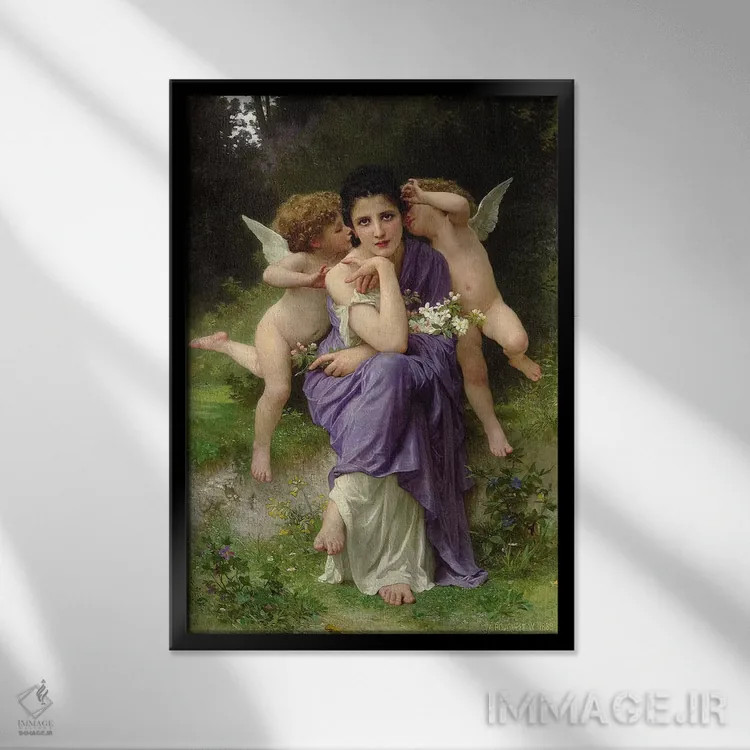 تابلو آوازهای بهاری، ۱۸۸۹ اثر ویلیام-آدولف بوگرئو (نقاش آکادمیک فرانسوی) - نمای قابدار مشکی