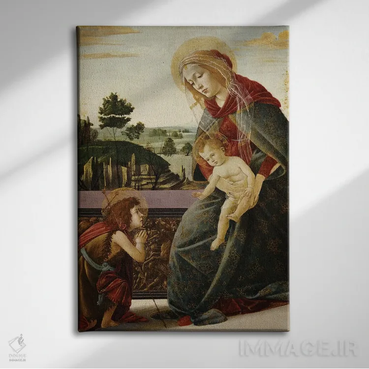 تابلو مریم مقدس و کودک به همراه یوحنای تعمیددهندهٔ جوان در چشمانداز اثر ساندرو بوتیچلی (نقاش رنسانس ایتالیا) - نمای روبهرو روی دیوار