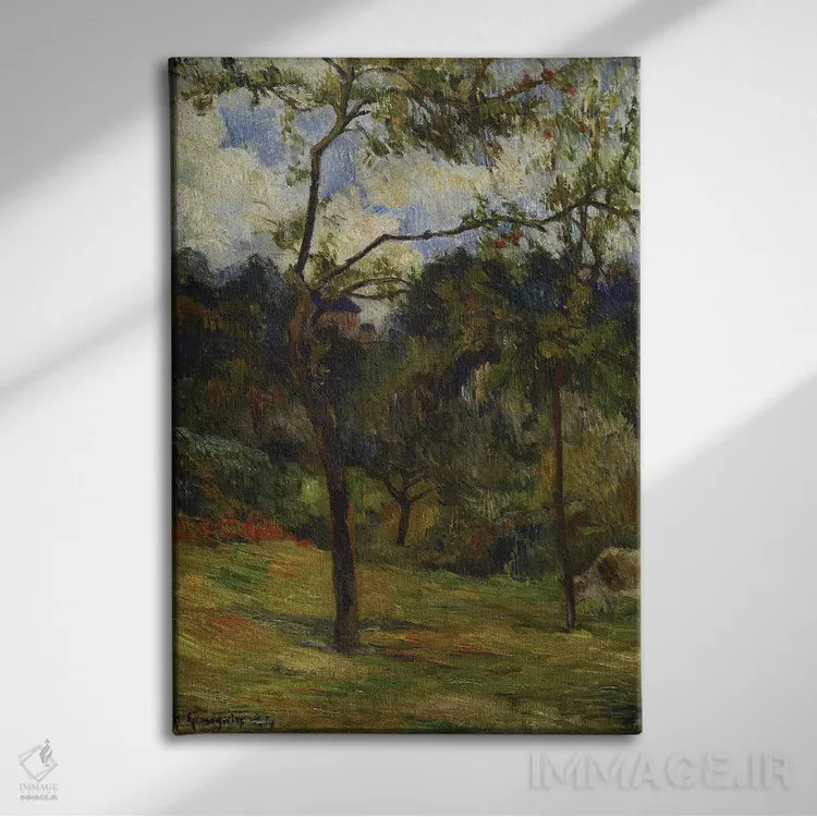 تابلو منظرهٔ نرماندی: گاو در علفزار، ۱۸۸۴ اثر پل گوگن - نمای روبهرو روی دیوار