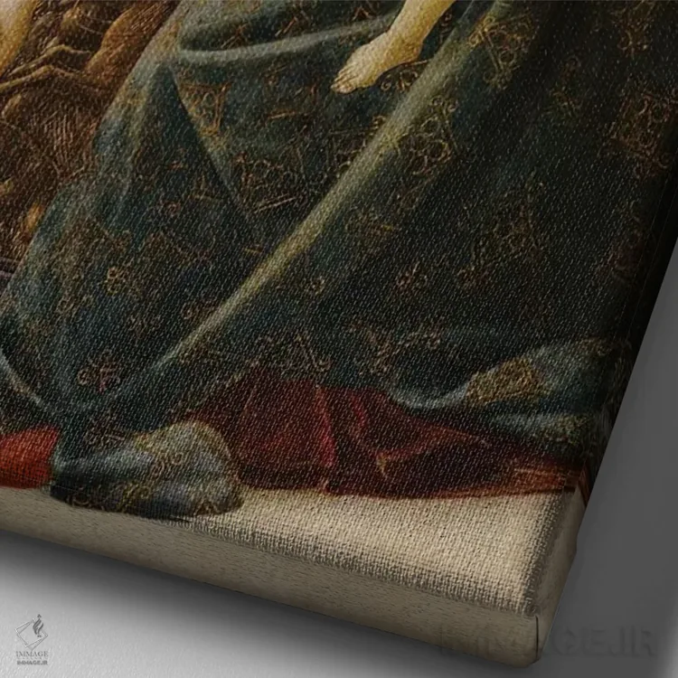 تابلو مریم مقدس و کودک به همراه یوحنای تعمیددهندهٔ جوان در چشمانداز اثر ساندرو بوتیچلی (نقاش رنسانس ایتالیا) - نمای نزدیک بافت بوم