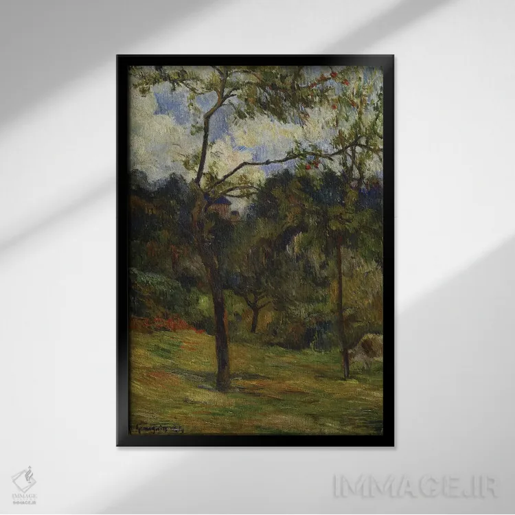 تابلو منظرهٔ نرماندی: گاو در علفزار، ۱۸۸۴ اثر پل گوگن - نمای قابدار مشکی