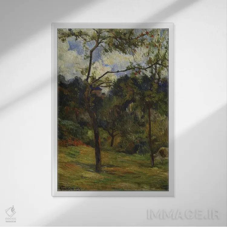 تابلو منظرهٔ نرماندی: گاو در علفزار، ۱۸۸۴ اثر پل گوگن - نمای قابدار سفید