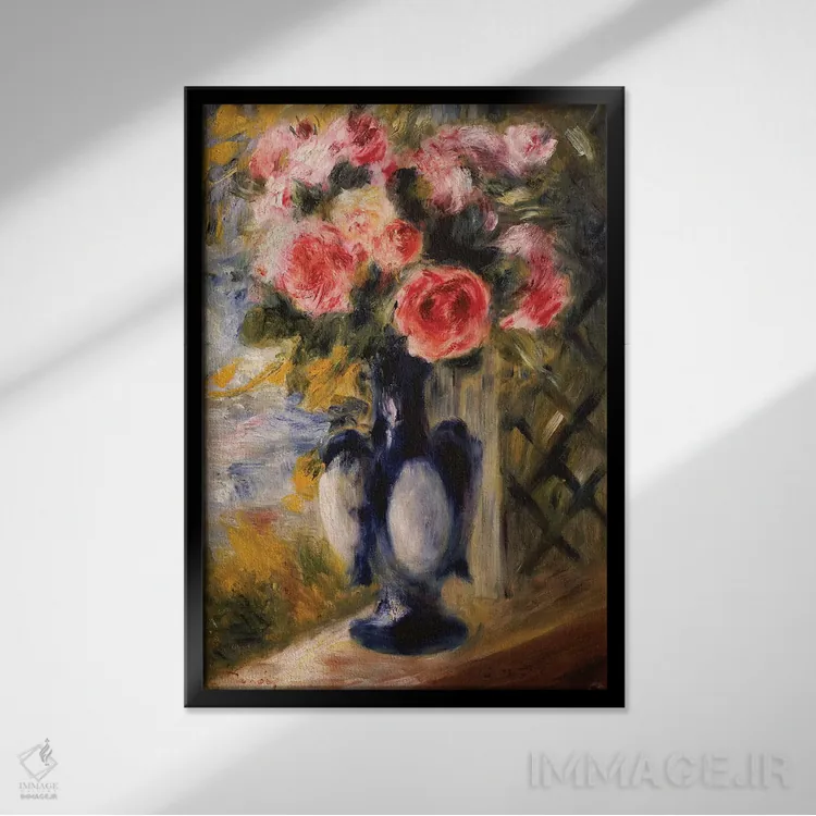 تابلو رزها در گلدان آبی، ۱۸۹۲ اثر پیر-اوگوست رنوار - نمای قابدار مشکی