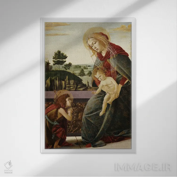 تابلو مریم مقدس و کودک به همراه یوحنای تعمیددهندهٔ جوان در چشمانداز اثر ساندرو بوتیچلی (نقاش رنسانس ایتالیا) - نمای قابدار سفید