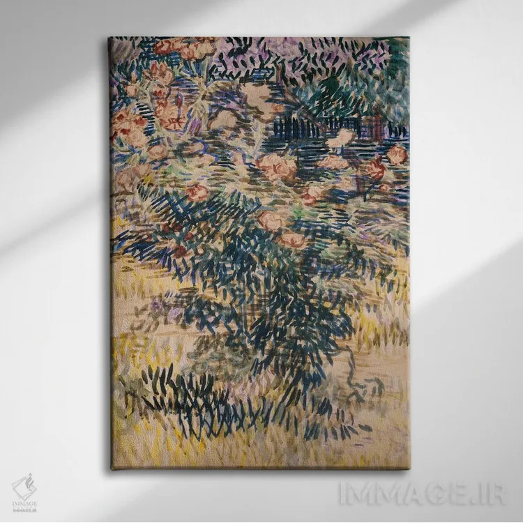 تابلو خرزهرهها، باغ بیمارستان سنترمی، ۱۸۸۹ اثر ونسان ون گوگ (نقاش مشهور هلندی پستامپرسیونیسم) - نمای روبهرو روی دیوار