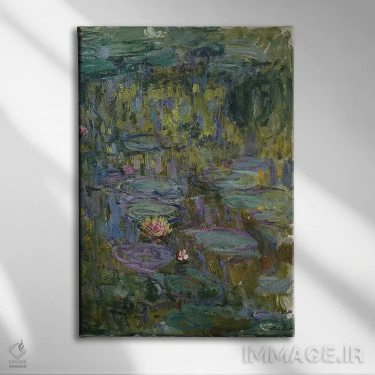 تابلو نیلوفرهای آبی اثر کلود مونه (نقاش معروف فرانسوی) - نمای روبهرو روی دیوار