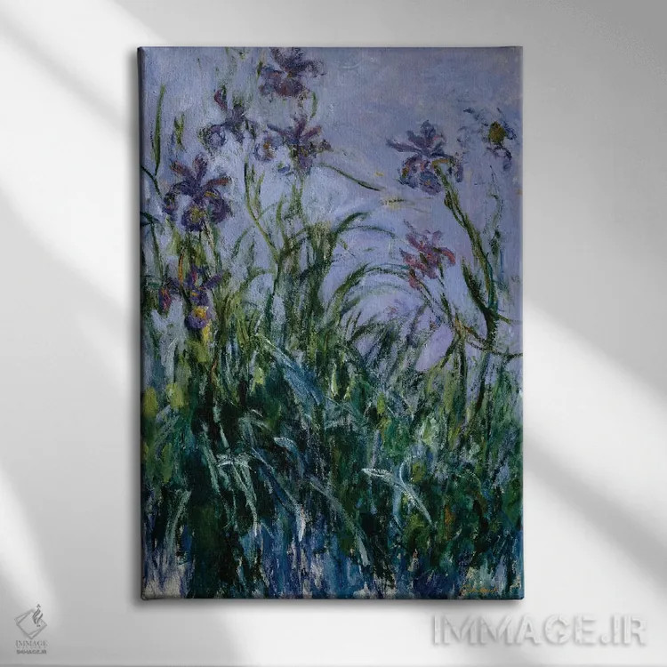 تابلو زنبقهای بنفش، ۱۹۱۴–۱۹۱۷ اثر کلود مونه (نقاش معروف فرانسوی) - نمای روبهرو روی دیوار